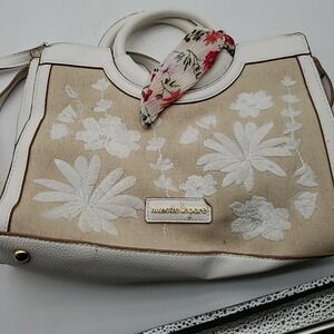 Nanette Lepore Satchel Bag Womens Medium Beige Canvas Floral Embroidered Zip Top